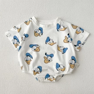 Baby Cartoon Anime จั๊มสูทลายเป็ดทารกแรกเกิดจั๊มสูทแขนสั้นผ้าฝ้าย