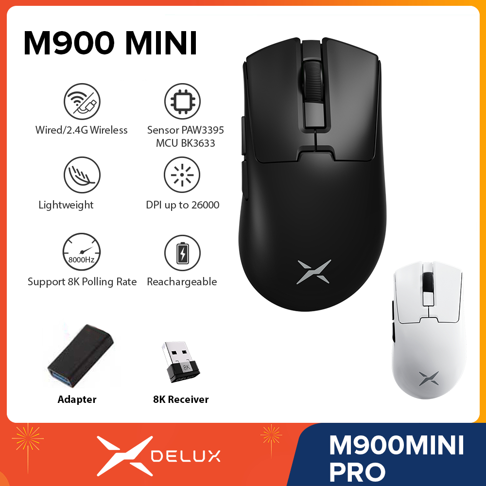 Delux M900 MINI PRO PAW3395 40/46g 8000Hz เมาส์สําหรับเล่นเกม DPI 26000 แบบมีสาย 2.4G ไร้สาย 230/500