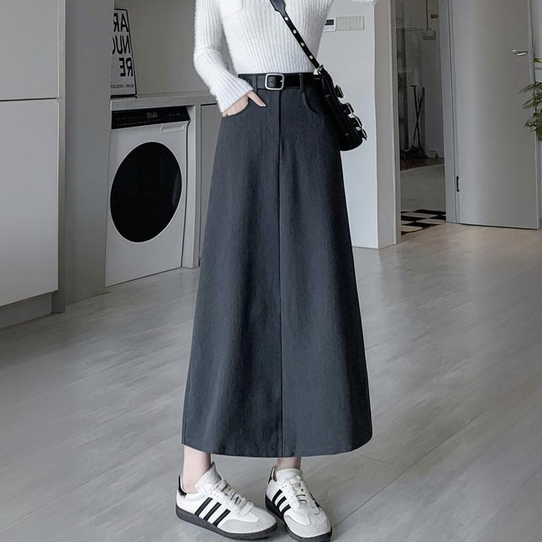 S-6XL กระโปรงสูทสีเทาผ่าข้างเอวสูง ทรงเข้ารูป ปลายกระโปรงพันสะโพก ความยาวปานกลาง
