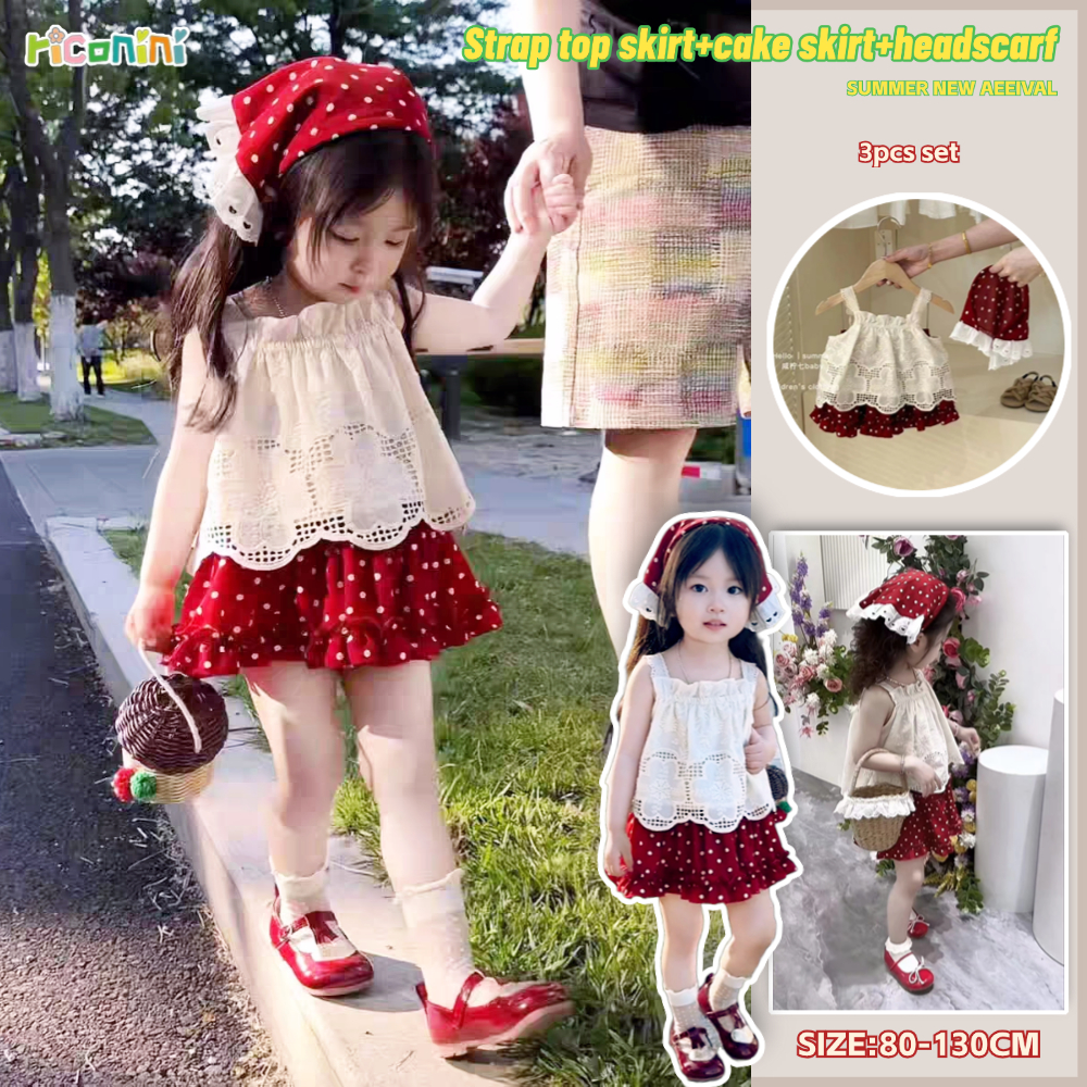 [+ผ้าคลุมศีรษะ] สาวหนูน้อยหมวกแดงหยิบเห็ดสาวน้อยน่ารักเด็กโครเชต์ปักลายจุด กางเกงชั้นใน เด็กสาม @-