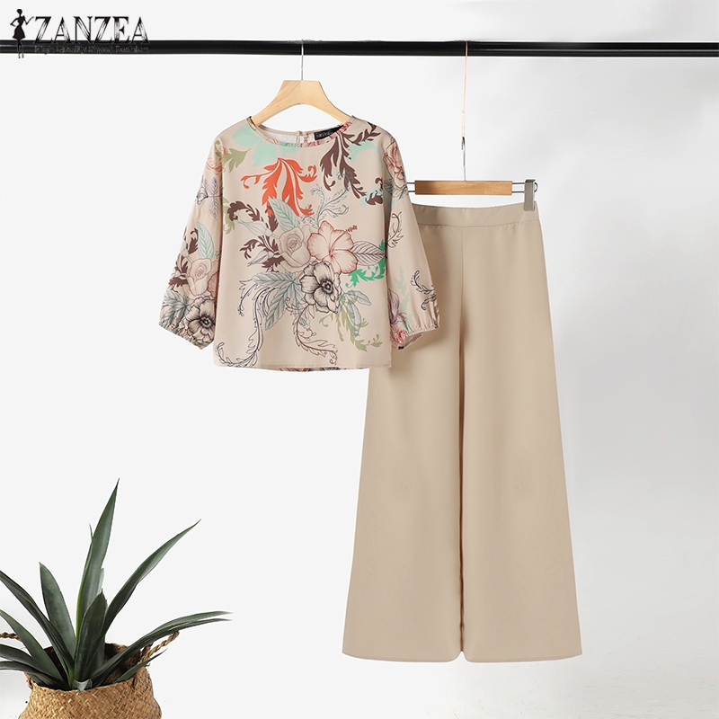 Zanzea เสื้อท็อป แขนทรงโคมไฟ ยืดหยุ่น พิมพ์ลาย กางเกง สไตล์วินเทจ สําหรับผู้หญิง