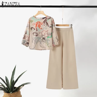 Zanzea เสื้อท็อป แขนทรงโคมไฟ ยืดหยุ่น พิมพ์ลาย กางเกง สไตล์วินเทจ สําหรับผู้หญิง