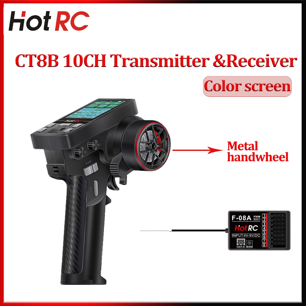 Hotrc CT-8B 10CH 8 ช่องหน้าจอสีโลหะ Handwheel รีโมทคอนโทรล 2.4G 8CH F-08A ตัวรับสัญญาณเครื่องส่งสัญญ