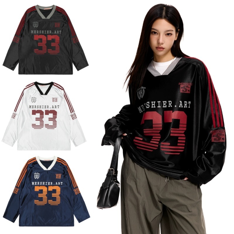 SUIKONE ซุยโคเนะ เสื้อสเวตเตอร์ถักคอวีลายทางย้อนยุคอเมริกันฤดูใบไม้ร่วงเสื้อยืดแขนยาวหลวมสําหรับผู้ชายและผู้หญิง