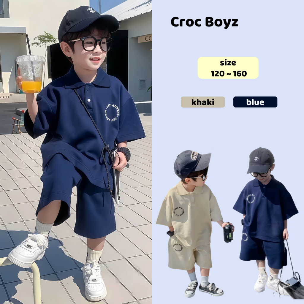 Croc Boyz พร้อมส่ง ชุดสูทแฟชั่นเด็กชาย เสื้อโปโลลำลองกางเกงขาสั้น ชุดเซ็ทเด็กหล่อๆ สไตล์เกาหลี ไซส์ 120-160
