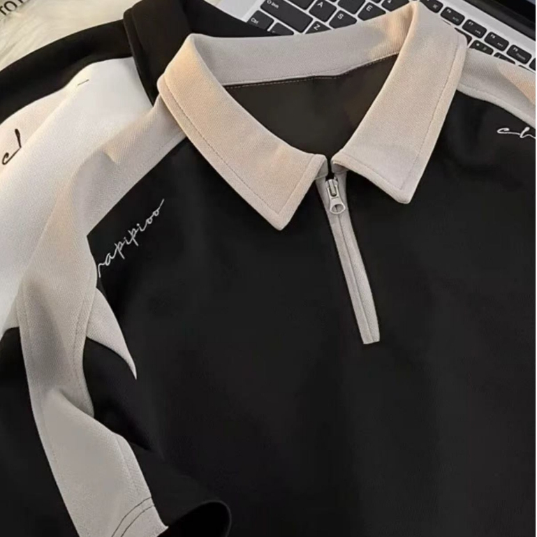 BECoolMan เสื้อผู้ชาย แขนห้าส่วน สีดำและสีขาว สไตล์วิทยาลัยลำลอง