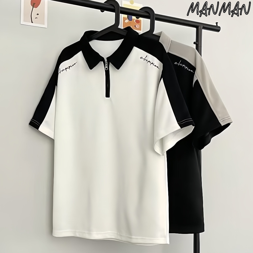 M&M เสื้อโปโลผู้ชาย แบบหลวม ซิปครึ่ง สีตัดกัน สไตล์วิทยาลัย