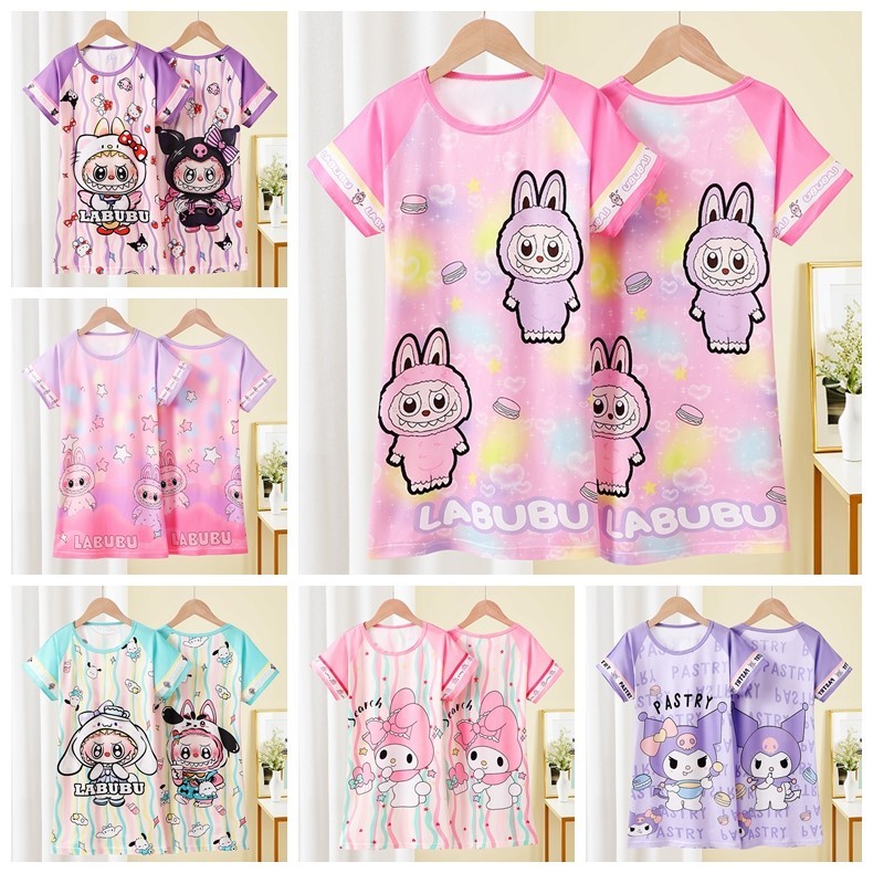 Labubu Dress ชุดนอน O-คอแขนสั้น Teen Breathable Girls Nightclothes สําหรับ 7 - 8 ปี
