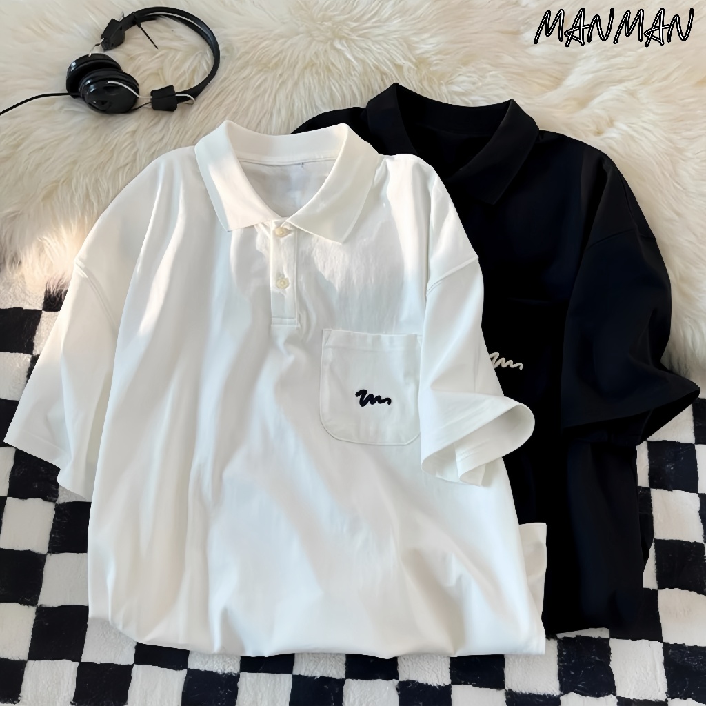 M&M เสื้อโปโลผู้ชาย กระเป๋าเย็บติดกัน สไตล์อเมริกัน แนววินเทจ แบบหลวม