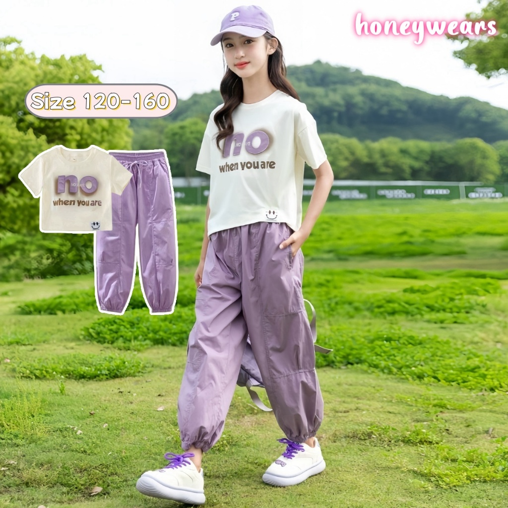 honeywears⚡️พร้อมส่ง⚡️ชุดสูทเด็กผู้หญิงแฟชั่น ชุดสาวฤดูร้อน เสื้อยืดแขนสั้นกางเกงคาร์โก้ งานสกรีนสวยๆ ไซส์ 120-160
