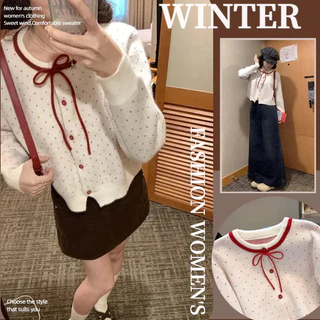 เสื้อไหมพรมแฟชั่นเกาหลีสุภาพสตรีคอกลมลายจุดหวานคมชัด