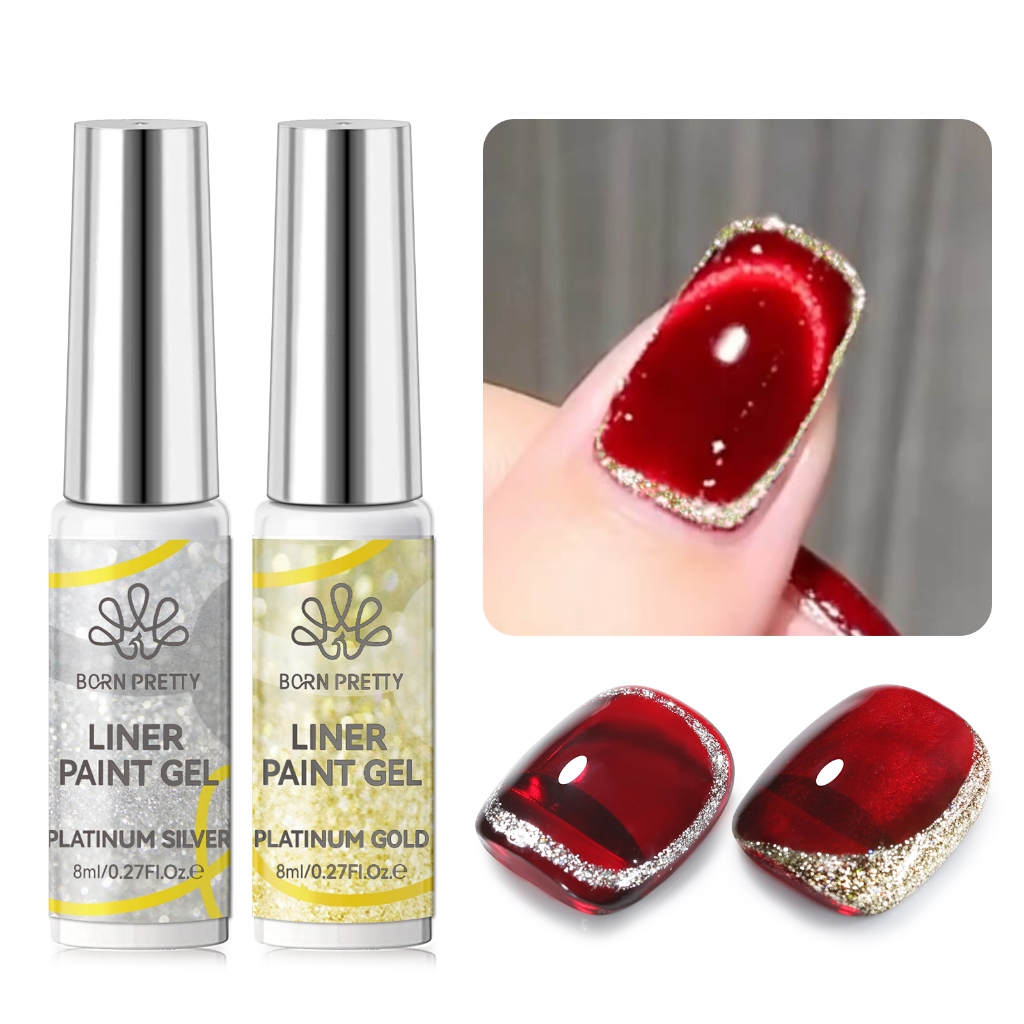 Born PRETTY 2PCS Platinum Gold Silver Line Gel ยาทาเล็บ Ultra-thin Shinning Graffiti Stripe ภาพวาดเล็บเจล 8ml