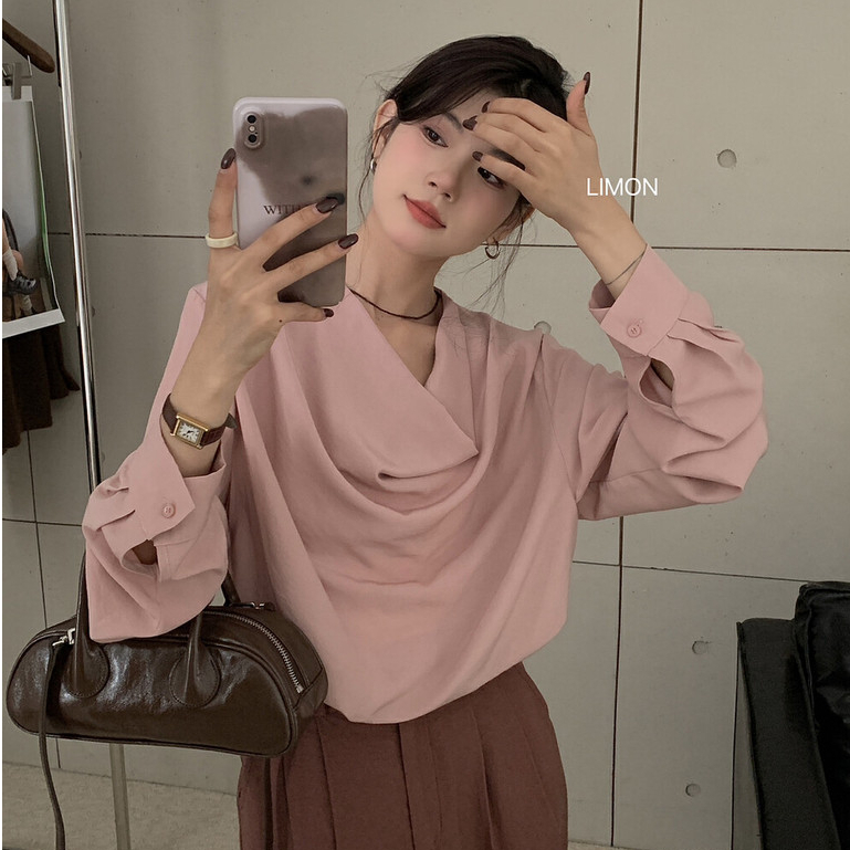 Floerns เสื้อเชิ้ตผู้หญิงแขนยาว ใส่สบาย แฟชั่นสตรี ไม่มีปุ่มที่ด้านหน้า