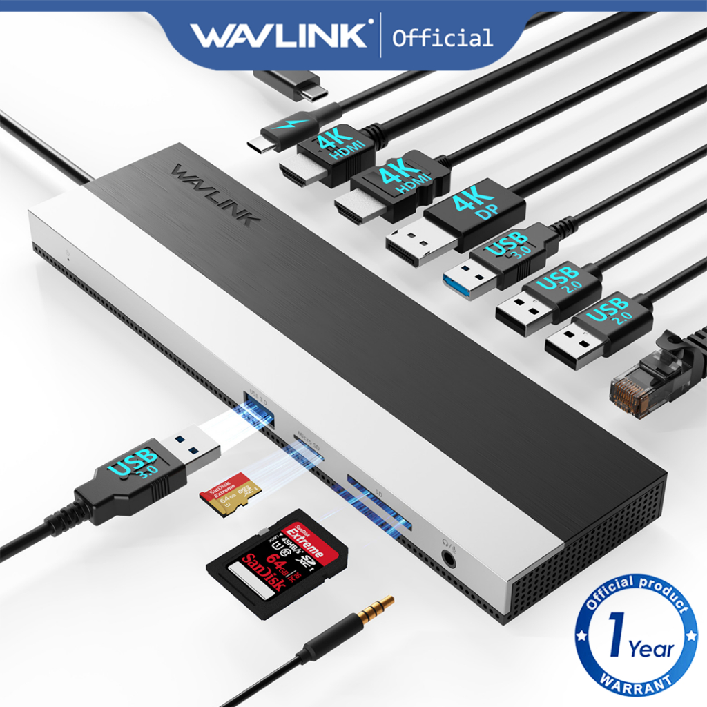 Wavlink 11-in-1 USB-C Triple Display MST Docking Station พร้อม 85W Power Delivery 4K HDMI UMD08