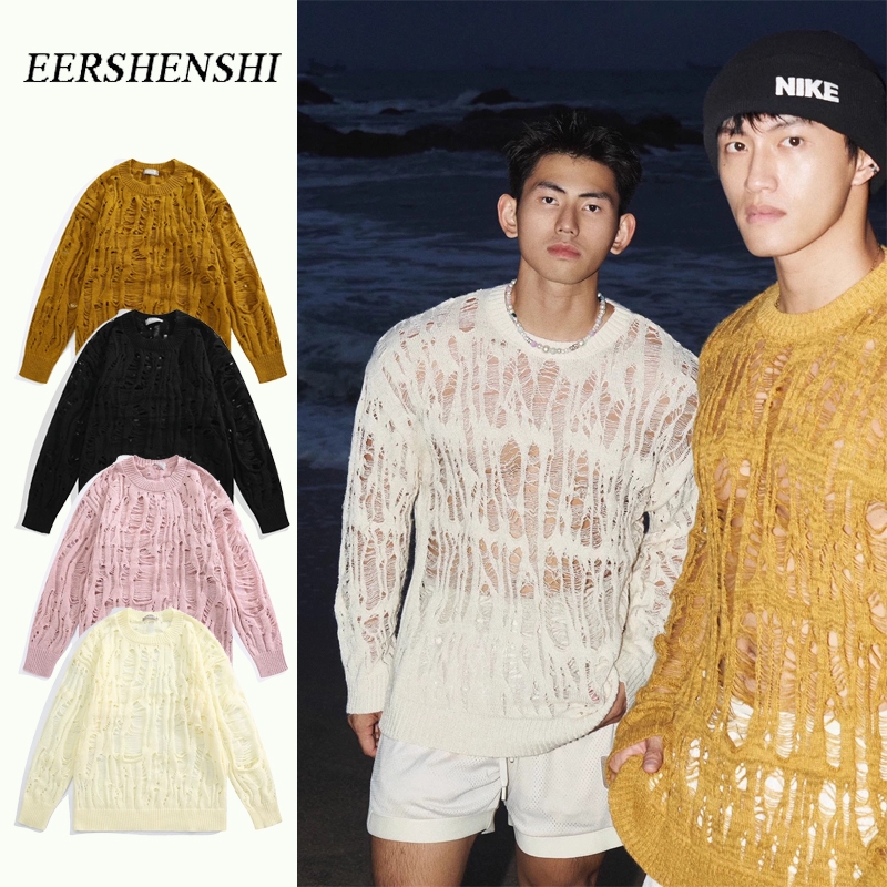 Eershenshi เสื้อกันหนาวผู้ชายหลวมทั้งหมดตรงกับ Idle สไตล์ Ripped ถัก เสื้อสโมค