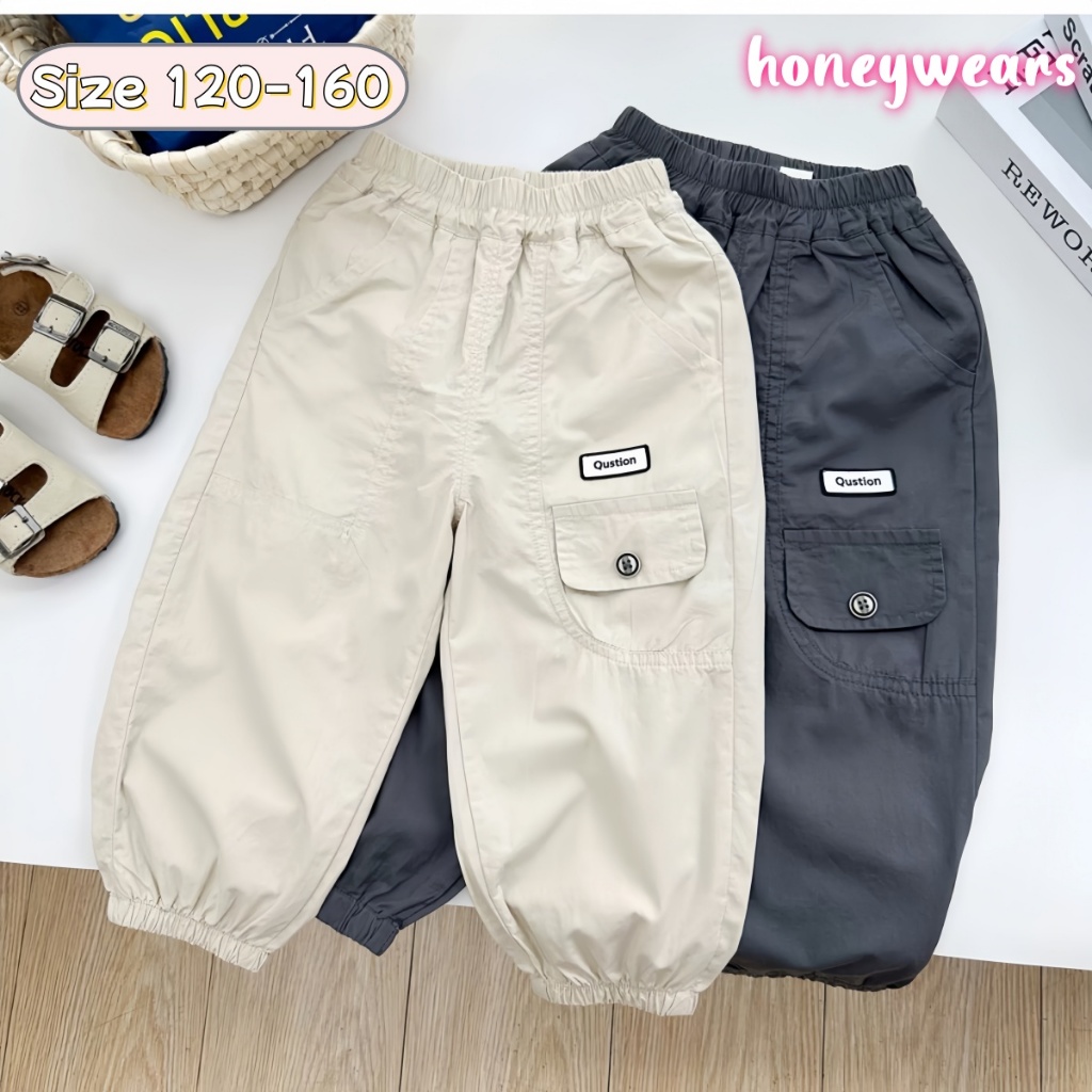 honeywears พร้อมส่ง กางเกงคาร์โก้เด็ก กางเกงขายาวเท่ๆ รัดข้อเท้า หล่อๆ สไตล์เกาหลี แฟชั่นฤดูร้อน ไซส์ 120-160