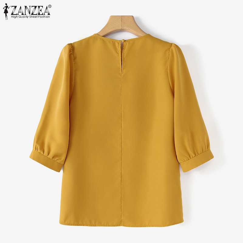 Zanzea ผู้หญิงเกาหลี Daily3/4 แขนเสื้อคอกลมสีทึบ Ruffle ตกแต่งเสื้อ — صورة 8