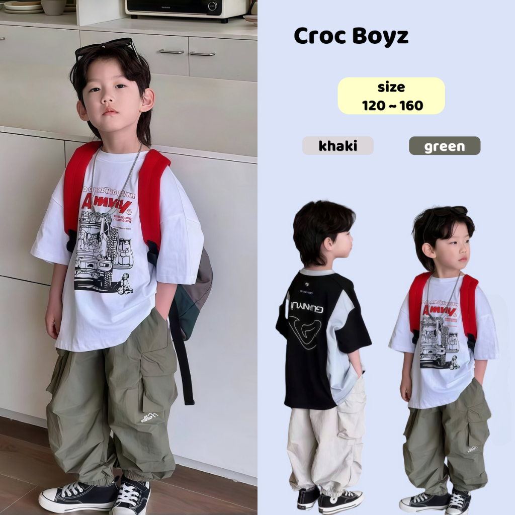 Croc Boyz พร้อมส่ง กางเกงขายาวคาร์โก้เด็กผู้ชาย กางเกงลำลอง ทรงหลวม สไตล์เกาหลี แฟชั่น ฤดูร้อน ไซส์ 120-160