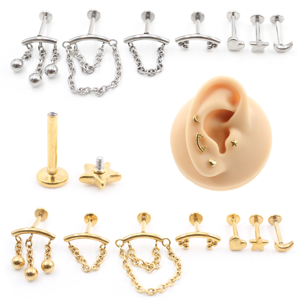 Alisouy 1PC สแตนเลสสตีลจี้ Moon Star Heart หู Tragus Helix Labret Lip แหวนกระดูกอ่อนต่างหูเจาะเครื่องประดับ