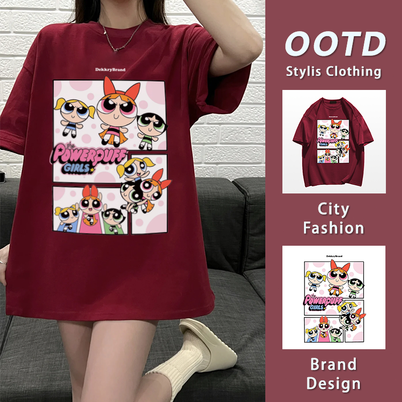 เสื้อยืดคอกลมฤดูร้อน สไตล์เกาหลีผู้หญิง การ์ตูน Powerpuff Girls ลายสกรีน ระบายอากาศ ใส่สบาย oversize ผ้าฝ้าย YG1006