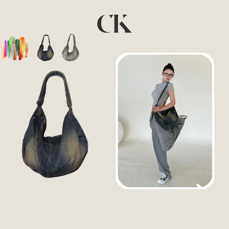 CINVAI&KROZE  กระเป๋าโท้ทผ้าเดนิมเฉพาะสไตล์เกาหลี กระเป๋าสะพายไหล่ข้างเดียวความจุขนาดใหญ่