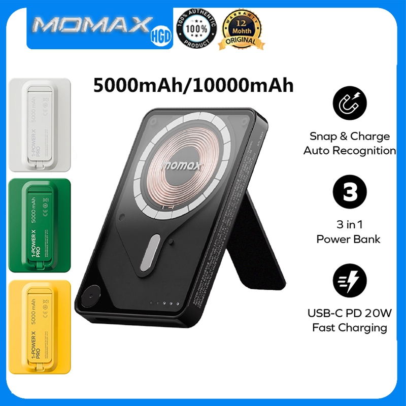 Momax 5000mAh 10000mAh Powerbank 1-Power X Pro Magnetic Wireless Power Bank ในตัวสาย USB-C