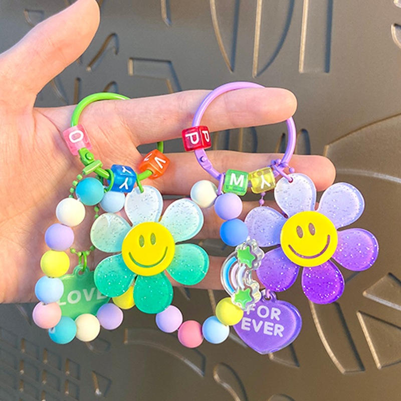 St. kunkka พวงกุญแจลูกปัดสีพลาสเทล พร้อมจี้ดอกไม้อะคริลิก พวงกุญแจดอกไม้ จี้ห้อยกระเป๋า