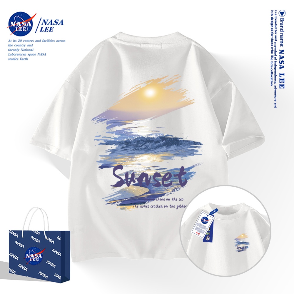เสื้อยืดแขนสั้น 100% คอตตอนสไตล์อเมริกัน NASA สำหรับผู้ชายและผู้หญิง เสื้อดีไซน์ต้นฉบับลายพลบค่ำ