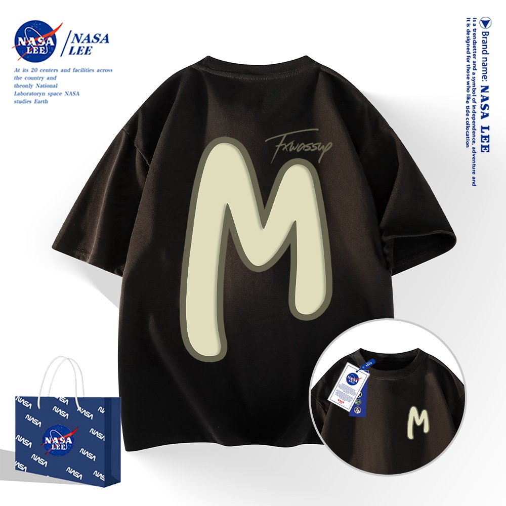 เสื้อยืดแขนสั้น 100% คอตตอนสไตล์อเมริกัน NASA สำหรับผู้ชายและผู้หญิง เสื้อดีไซน์ต้นฉบับลายตัวอักษร M
