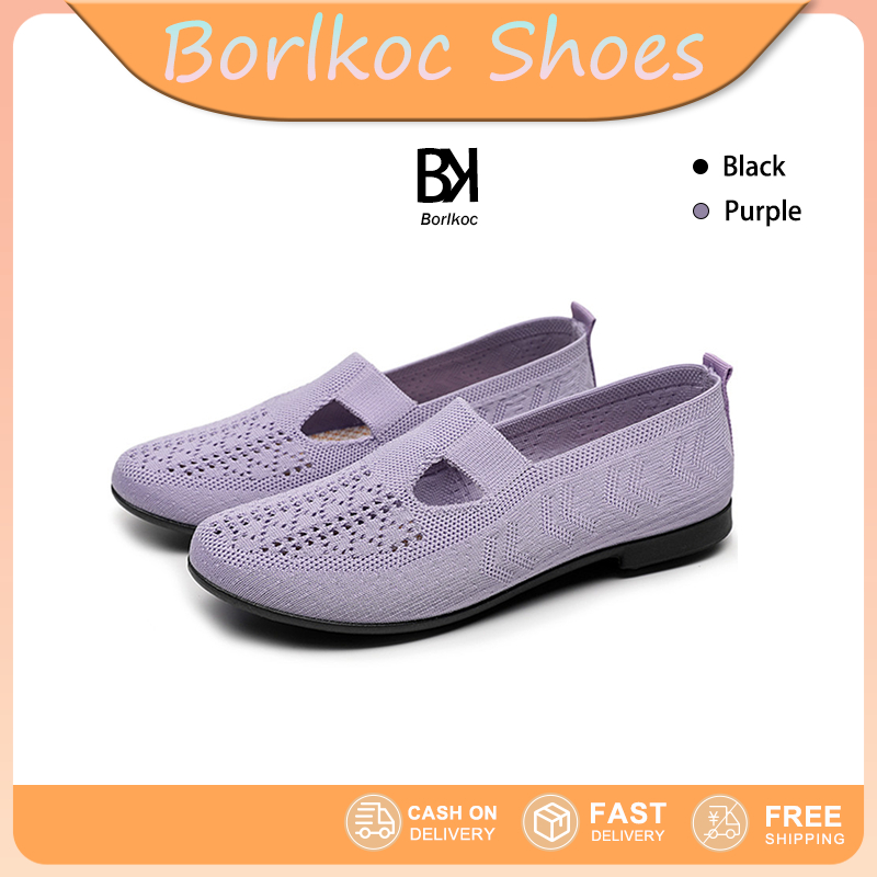 Borlkoc รองเท้าผู้หญิง Flyknit สีดำและสีม่วง ส้นเตี้ย ใส่สบาย ดีไซน์ทันสมัย เหมาะสำหรับทำงานและชีวิตประจำวัน ส่งฟรี