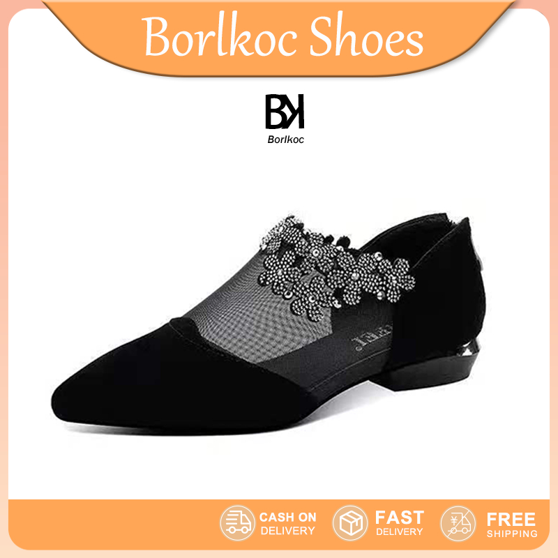 Borlkoc รองเท้าหัวแหลม 4 นิ้ว รองเท้าส้นเตี้ยปลายแหลมทรงสี่เหลี่ยม้ำนหนัก เบาส้นลึกปิดซิป รองเท้าส้นเตารีดแต่งเพชร