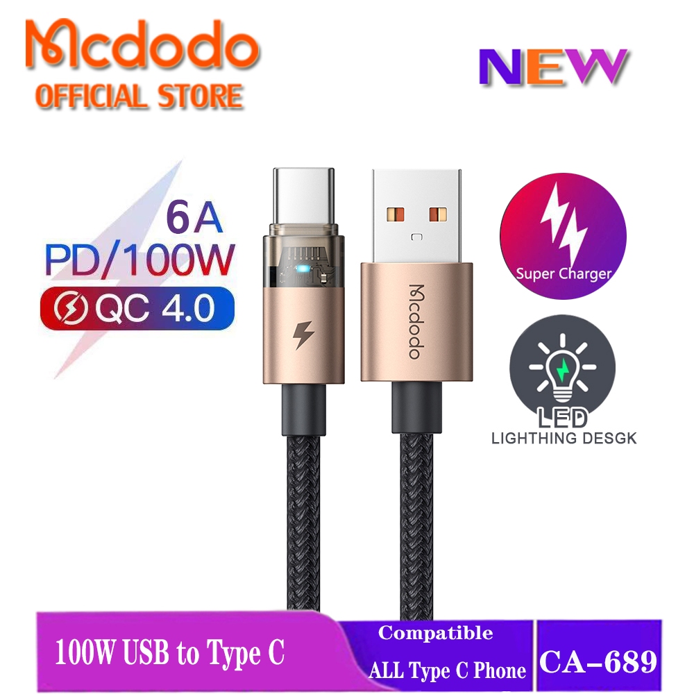 Mcdodo 6A USB to Type C 100W Fast Charging รองรับ QC4.0 SCP VOOC สําหรับ Android All T ype C โทรศัพท์ CA-689