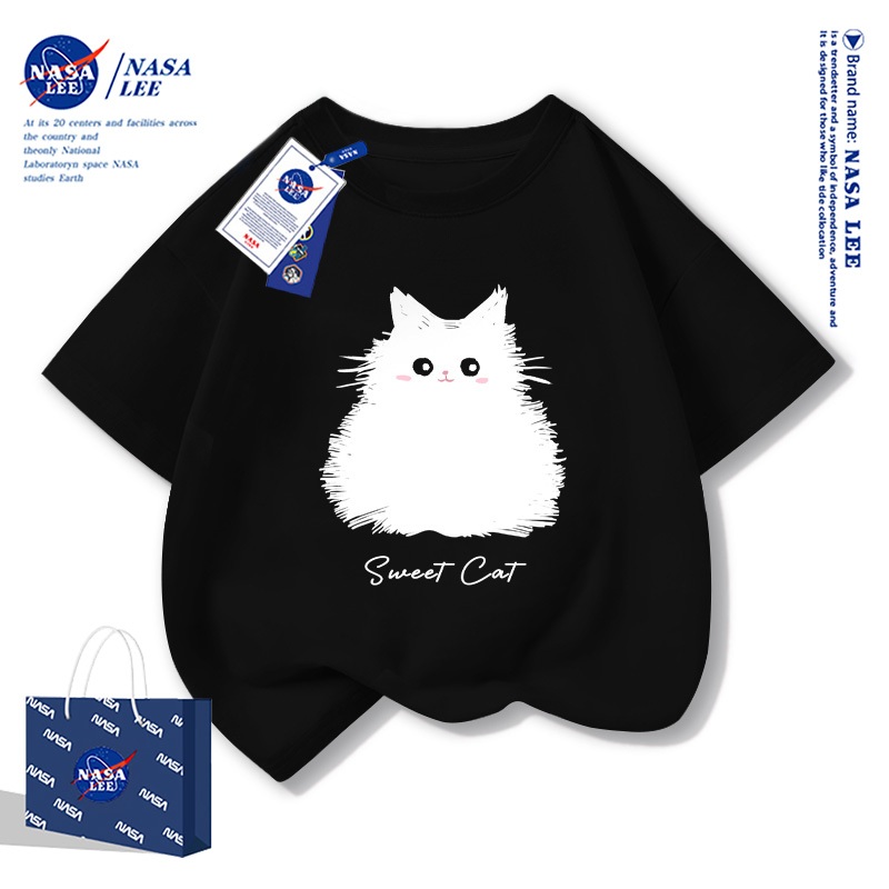 เสื้อยืดแขนสั้นฤดูร้อนสไตล์อเมริกัน NASA สำหรับเด็ก รุ่นใหม่ปี 2025 ผ้าคอตตอนนุ่มสบาย ลายแมว