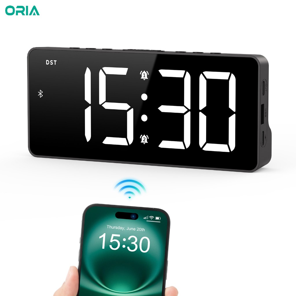 Oria Type-C/แบตเตอรี่ขับเคลื่อนนาฬิกาตั้งโต๊ะ 7 "นาฬิกาปลุกดิจิตอลพร้อมเวลาซิงค์บลูทูธสําหรับห้องนอนข้างเตียงสํานักงาน