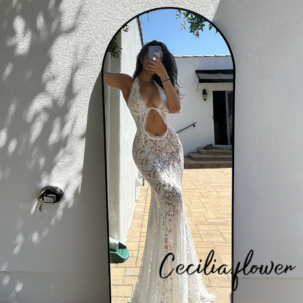 ผู้หญิงฤดูร้อนเซ็กซี่ชุดลูกไม้เชียร์ตาข่ายแขนกุด Halter คอ Bodycon ชุดหางปลายาว