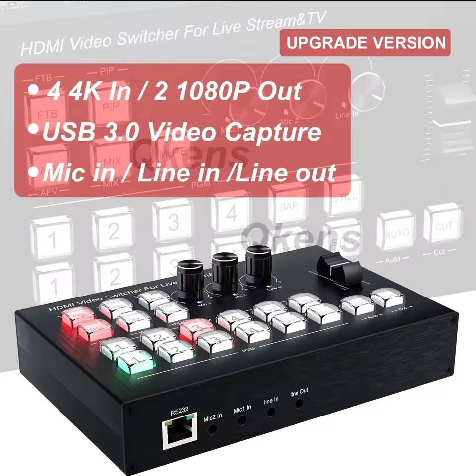 4k 4 Channel HDMI Video Multi Camera Switcher สําหรับถ่ายทอดสดสตรีมมิ่งการผลิต Video Mixer Switcher 