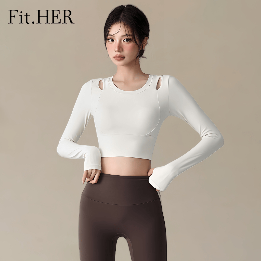 Fit HER พร้อมแผ่นหน้าอกเสื้อผ้าโยคะผู้หญิงมืออาชีพพิลาทิสการฝึกอบรมฟิตเนสแขนยาวแน่นบางท็อปส์
