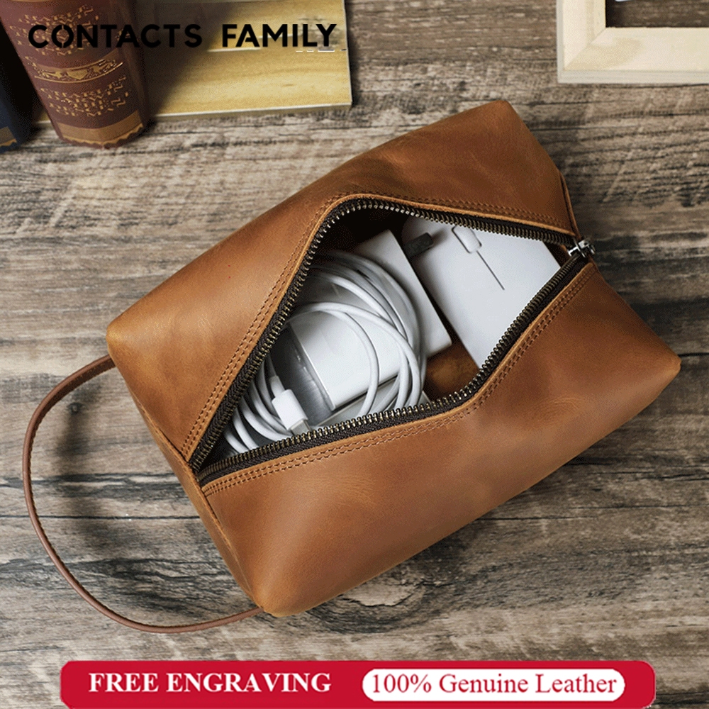 CONTACTS FAMILY กระเป๋าหนังแท้สำหรับเดินทางอิเล็กทรอนิกส์สำหรับ  แล็ปท็อป Power Adapter Charger Cable กระเป๋าใส่มือถือ