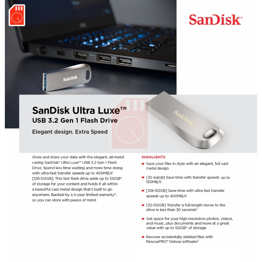 Sandisk FlashDrive ULTRA LUXE USB3.2 128GB 256GB 512G ความเร็ว 400 MB_s (SDCZ74_128G_G46)