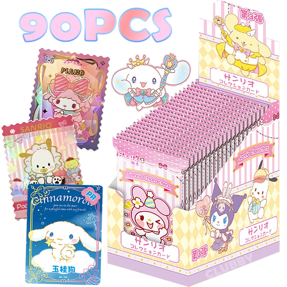การ์ดหนา Sanrio 90 ชิ้น Kuromi Hello Kitty Melody Rare QR/SSP/MP/MR Card ของขวัญสำหรับเด็กผู้หญิง