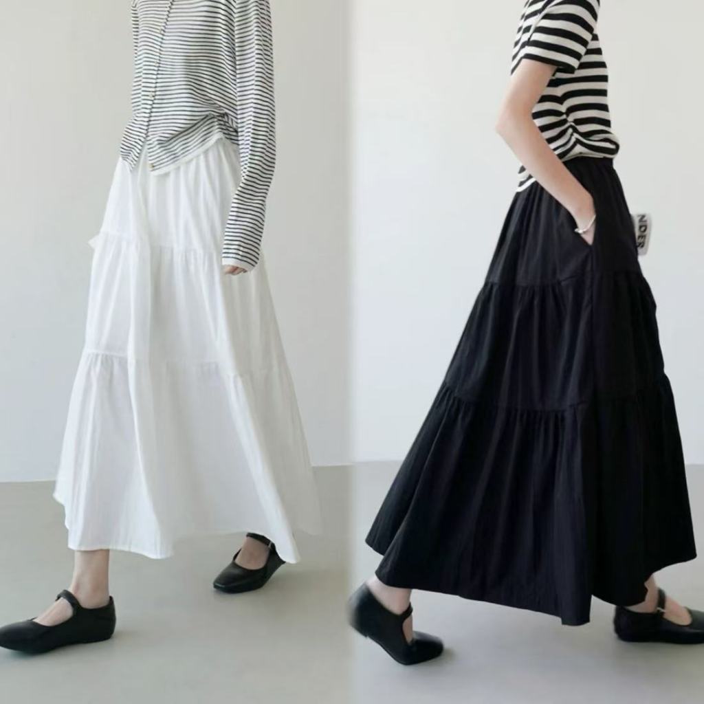 กระโปรงยาวสีพื้นสไตล์มินิมอล ใส่ไปทะเล เที่ยวคาเฟ่ น่ารักเอวยางยืด ใส่สบายทุกโอกาส