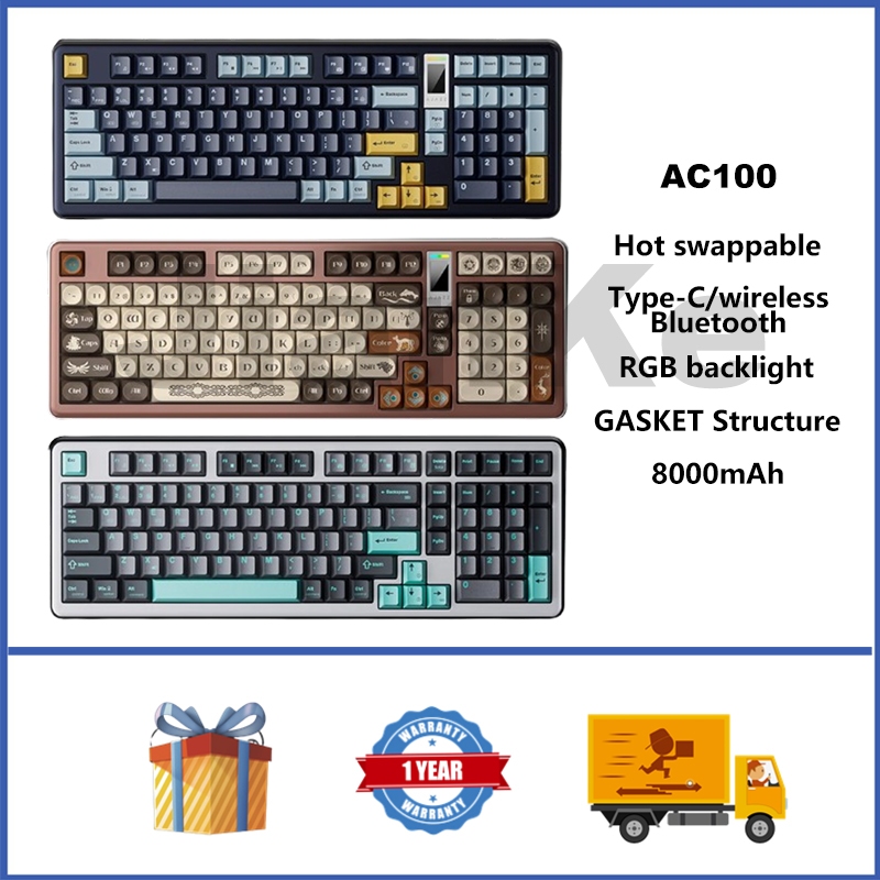 Ajazz AC100 อลูมิเนียมคีย์บอร์ดไร้สาย 98% Hot swappable RGB GASKET คีย์บอร์ดเกมที่กําหนดเองพร้อมหน้าจอ