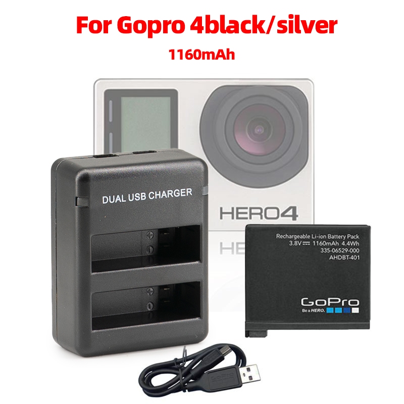 เครื่องชาร์จแบตเตอรี่ Ori สำหรับ GoPro Hero 4 เคสสีเงิน/ดำ Dual 1160mAh อุปกรณ์ชาร์จแบตเตอรี่ มือสอง