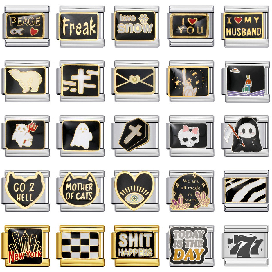 Simple Creative Black Heart Ghost Cross Words อิตาเลี่ยน Charm Link Fit 9 มม.สร้อยข้อมือสแตนเลส DIY ทําลูกปัด