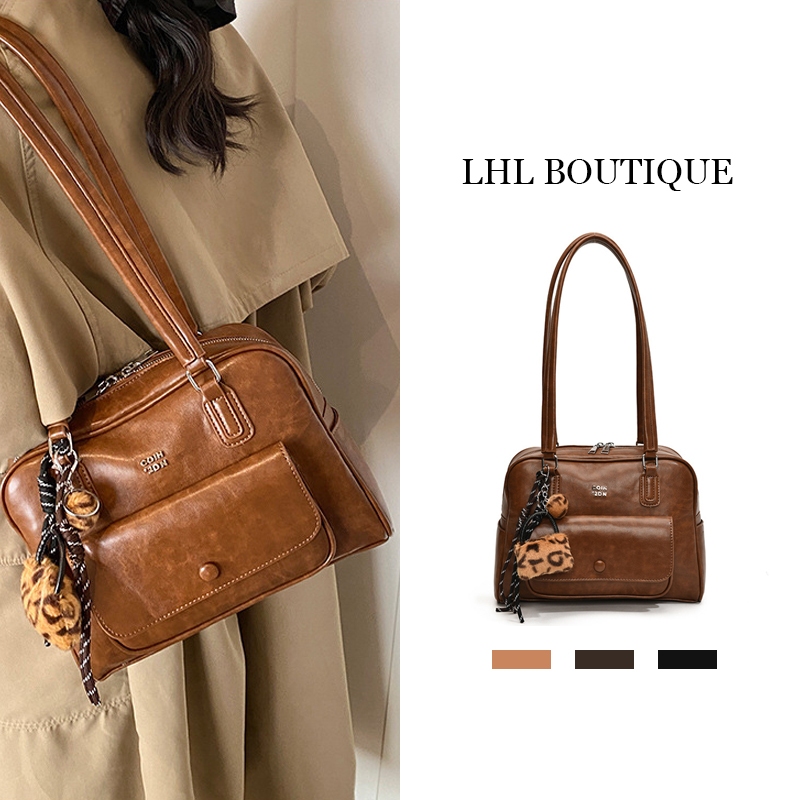 LHL BOUTIQUE กระเป๋าสีน้ําตาลวินเทจ กันฝน ผู้หญิง ไฮโซ กระเป๋าสะพายข้าง หนัง carryall bag