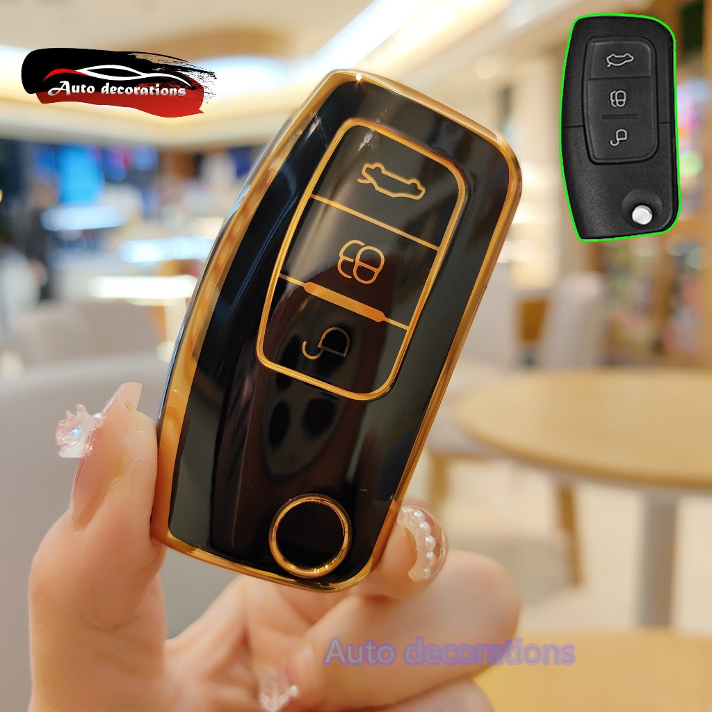เคสกุญแจรถฟอร์ดขอบทอง/ปลอกกุญแจขอบเงินเหมาะสําหรับพวงกุญแจ Ford fiesta focus ecosport 2013 - 2017