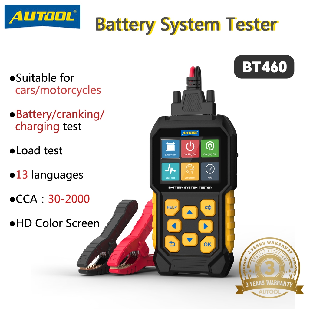 AUTOOL BT460 12V 24V รองรับไทยเครื่องวิเคราะห์แบตเตอรี่รถยนต์สำหรับรถบรรทุกหนักจอแสดงผลสีสันสดใส TFT