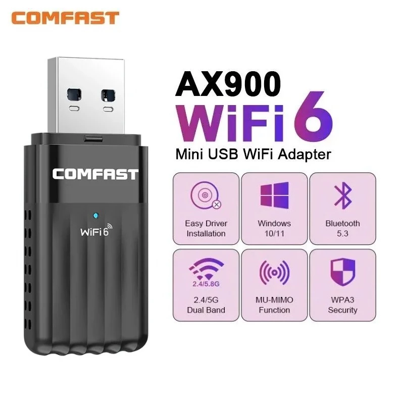 COMFAST USB Wifi 6 Bluetooth5.3 Dongle AX900 Dual Band เครื่องรับสัญญาณ WiFi คอมพิวเตอร์ WiFi การส่งผ่านบลูทูธสำหรับแล็ปท็อปพีซี BT ลำโพงชุดหูฟังเกมแพด