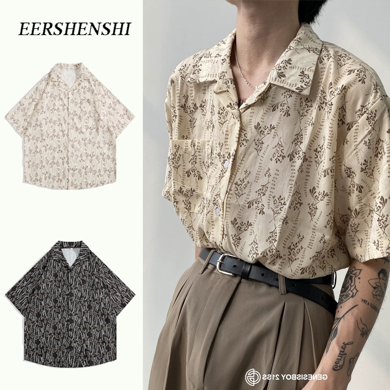 Eershenshie เสื้อเชิ้ตแขนสั้นญี่ปุ่นผู้ชายฤดูร้อนเกรดสูงแฟชั่นแบรนด์เสื้อเชิ้ตพิมพ์ลายสีเข้ม