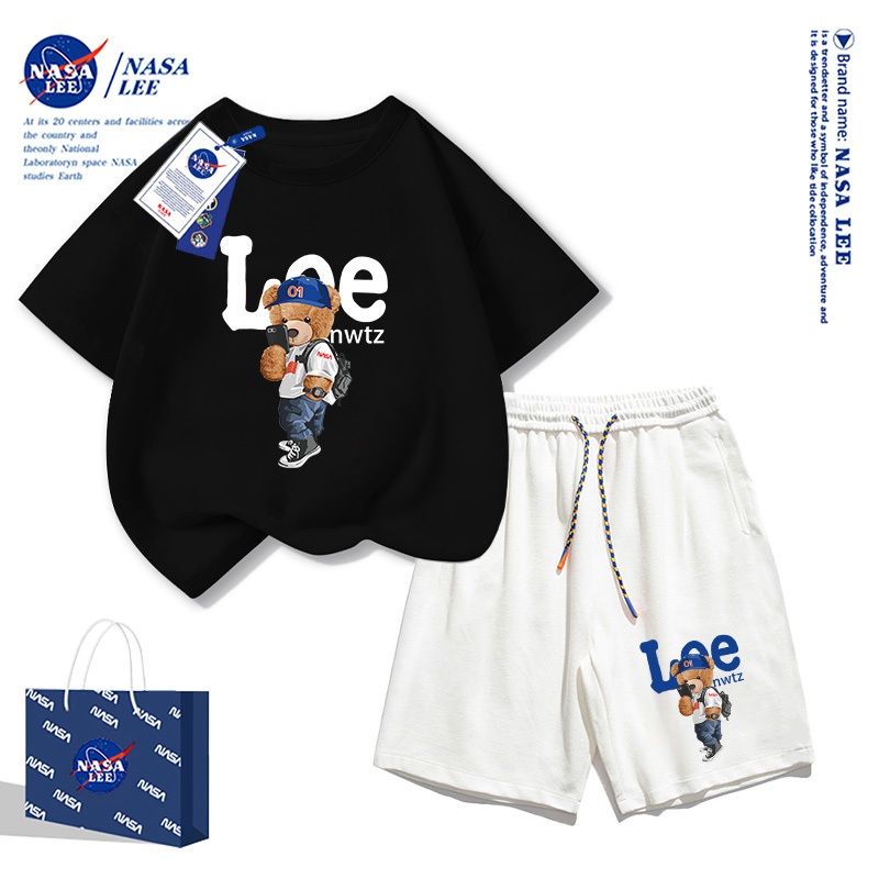 เสื้อยืดแขนสั้นฤดูร้อนสไตล์อเมริกัน NASA สำหรับเด็ก รุ่นใหม่ปี 2025 ผ้าคอตตอนนุ่ม ชุดหมีแฟชั่น